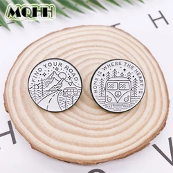 cartoon white round enamel brooch mountain peak woods outdoor adventure bus travel pins alloy badge clothes bag jewelry gift