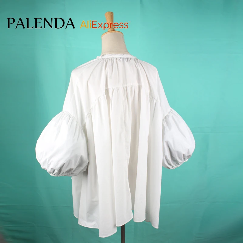 new shirt blouse top white leisure large size loose puff sleeve long v-neck with colorful pompom