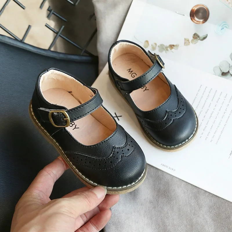 New Grils Leather Shoes Casual Girls Autumn Winter Kids Pu Show White Shoes Children's  Black Pink size 21-30 Flats