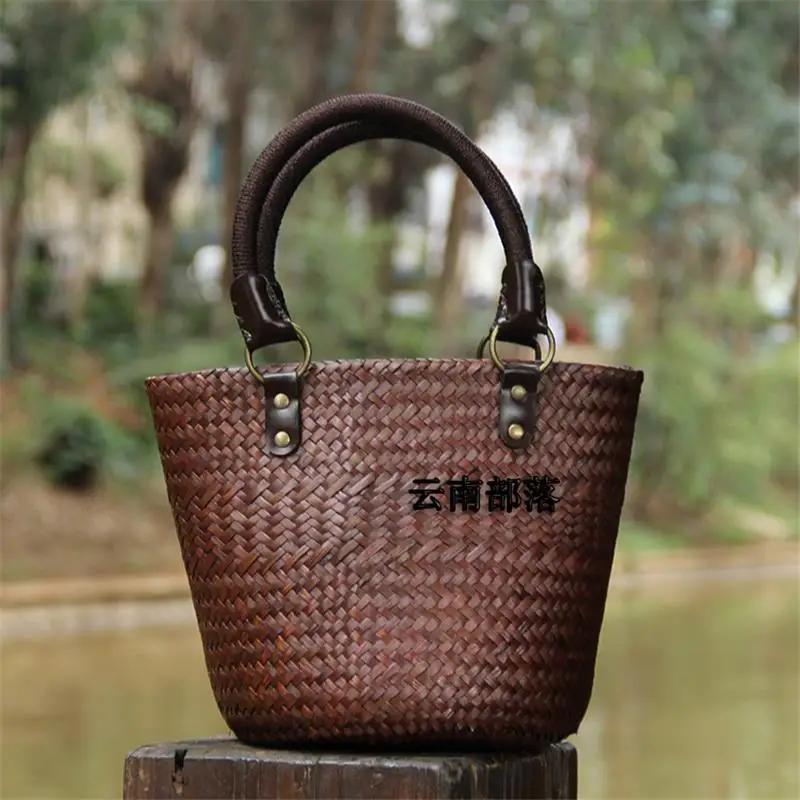 18x22CM Original Retro Handmade Old Straw Retro Rattan Bag Handbag Woven Bag Women Shoulder Bag a6115