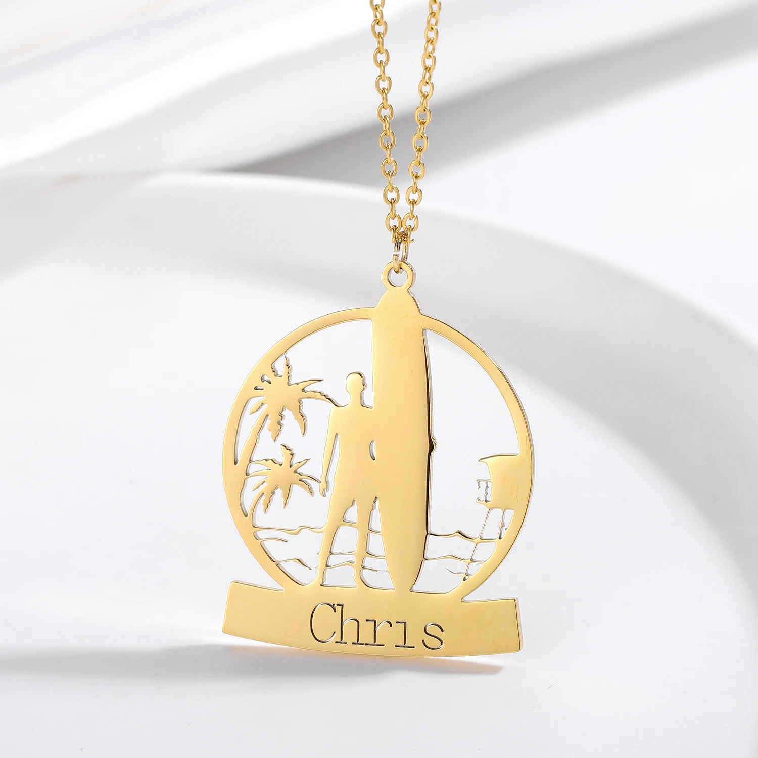 

Personalized Name Necklace Customized Stainless Steel Pendant Name With Summer Beach Surfing For Man Women Jewelry Gift