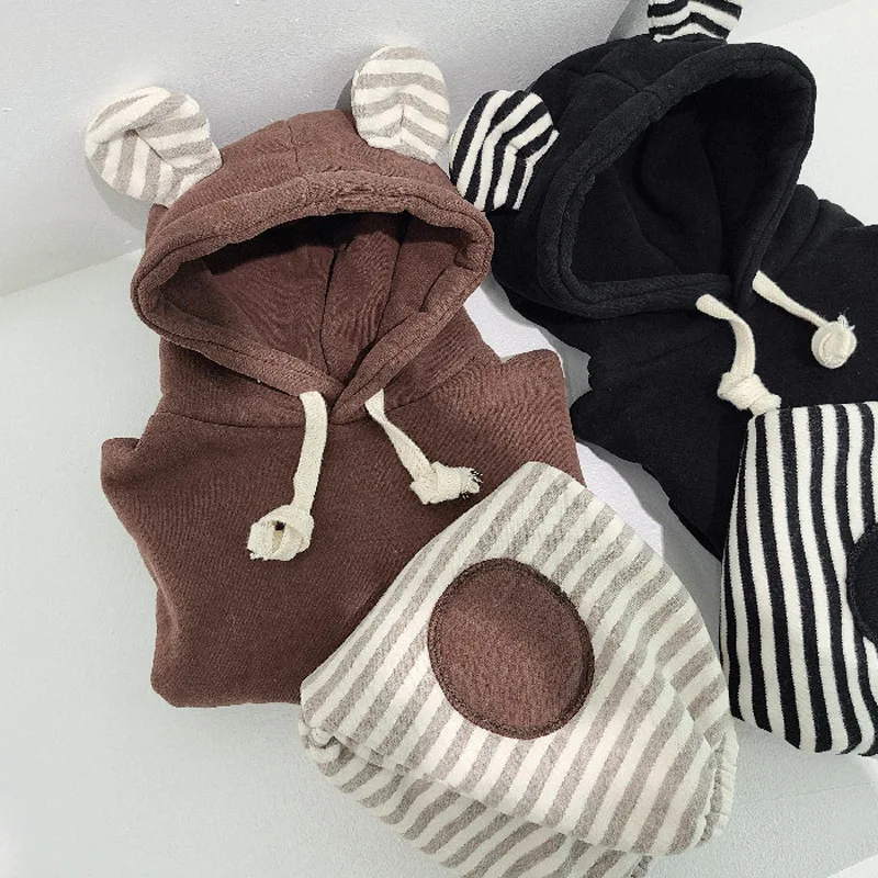 Winter Baby Casual Clothes Set Boys Cute Bear Hooded Fleece Hoodie Plus Velvet Striped Patch Pants 2pcs Suit Baby Warm Outfits