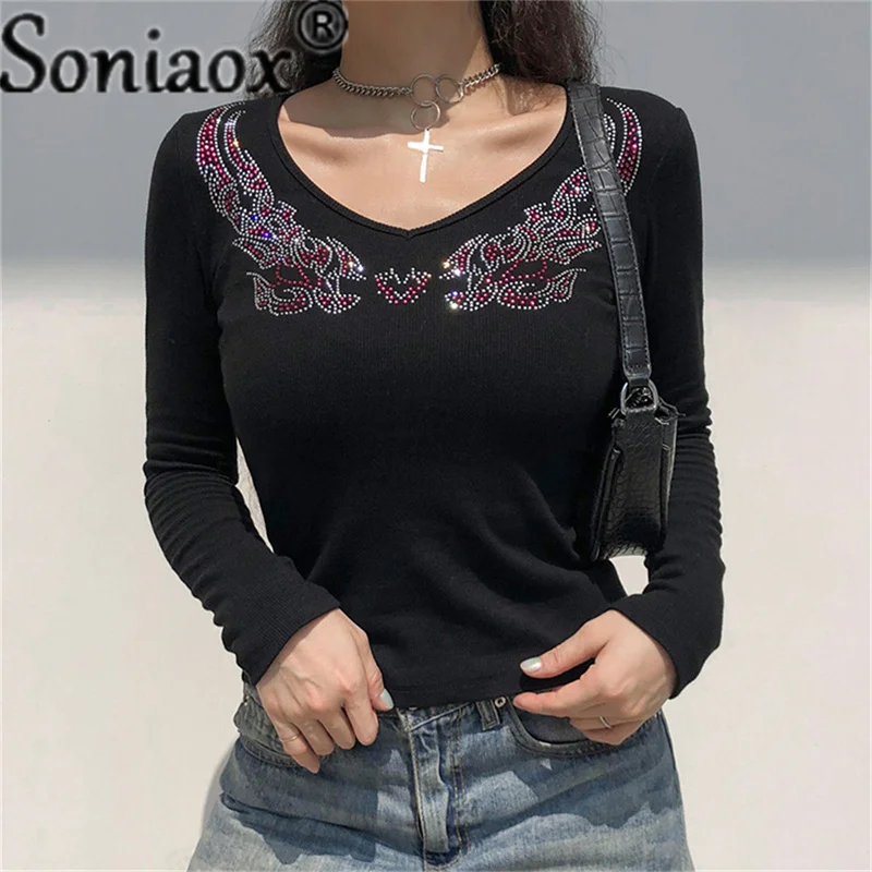 

Fashion Rhinestone Wing Goth Women T-Shirts Dark Academic E Girl Black Techwear V Neck Long Sleeve Slim Knitted Autumn Tee Shirt