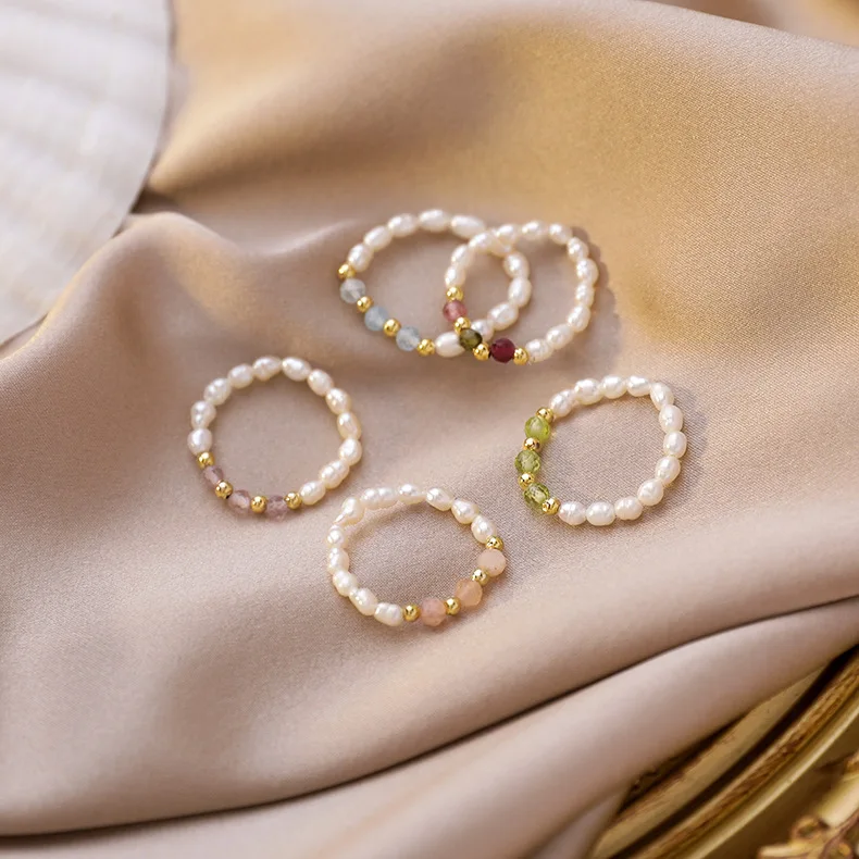 Energy Crystal Tourmalines Quartz Finger Rings Small Pearls Beaded Knuckle Rings Elegant Natural Freshwater Pearl Rings Women