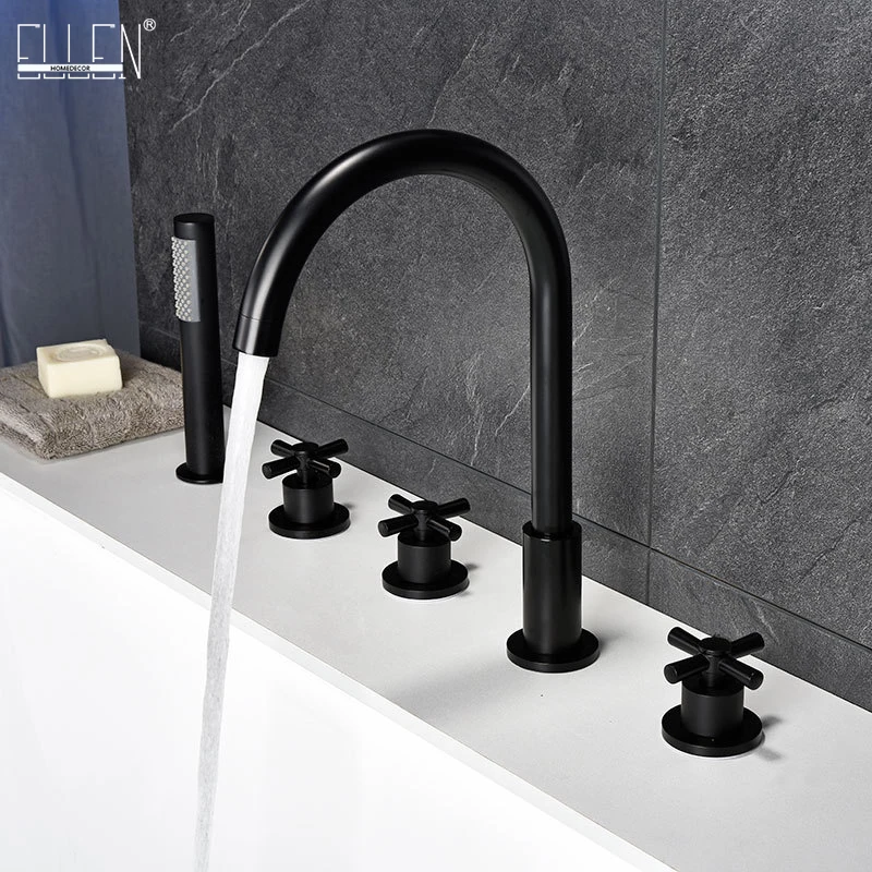 

ELLEN Bathtub Faucets Mixer Bath Tub Deck Mounted 5 Hole Hot Colder Water Crane with Hand Shower Black Chrome Finished EL8911