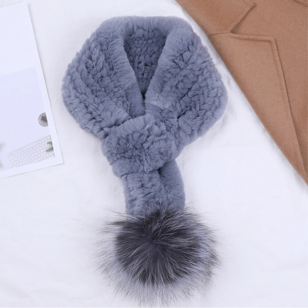 Genuine Women\'s Rex Rabbit Fur Scarf Knitted Fur Scarves Girls Natural Fur Wraps Neck Warmer Silver Fox Fur Pom Poms Neckerchief