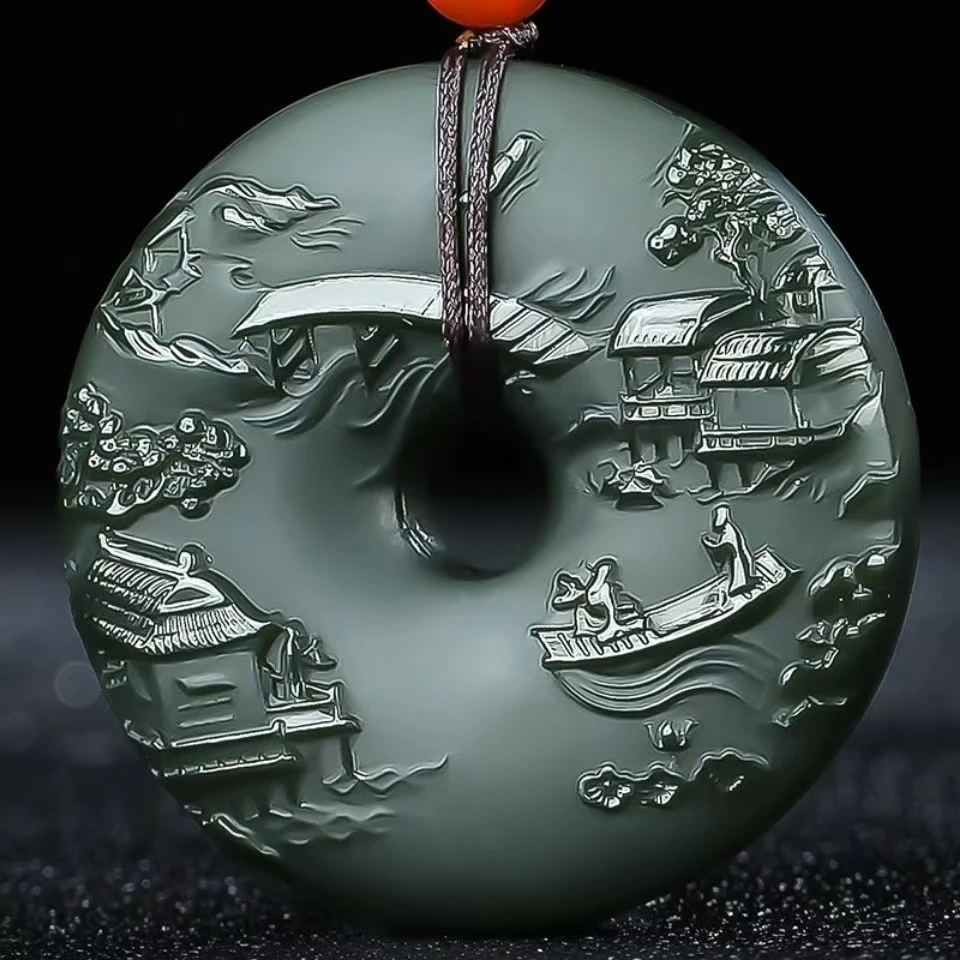 Lucky Round Deep Green Jade landscape Painting Pendant Netsuke two-sided Design Amulet