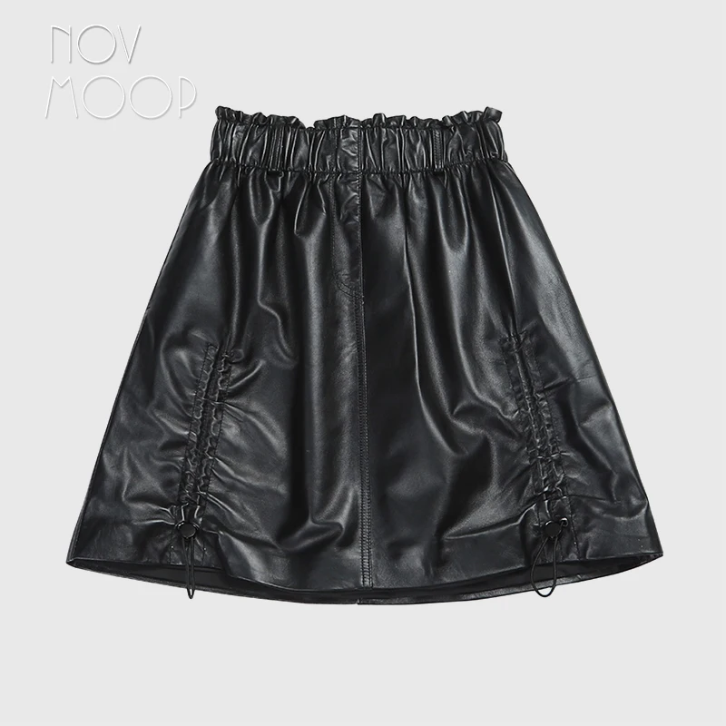 Novmoop – Jupe en cuir véritable pour femme, style chic et décontracté, ligne a, ceinture élastique des deux côtés, LT3558