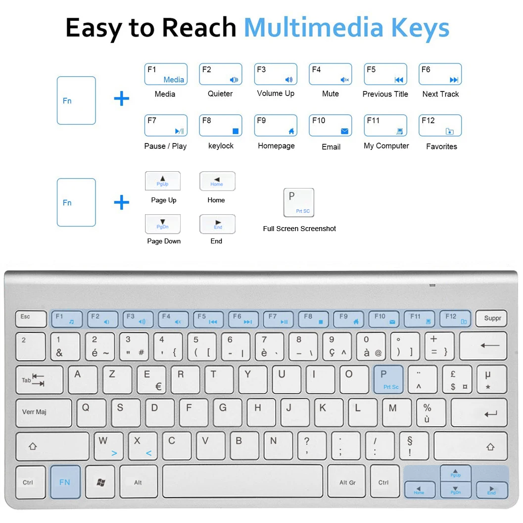 Wireless AZERTY French Keyboard Mouse Ultra Slim Multimedia Keyboard Mouse Combo Low Noise for Laptop Desktop Windows 7 10 11