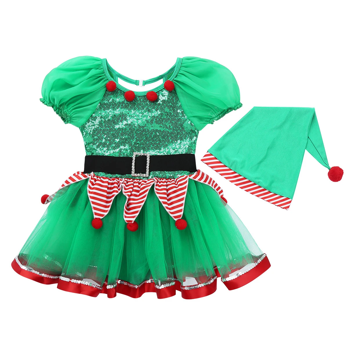 # 2T-14 Kinder Mädchen Weihnachten Elf Fee Geist Tutu Kleid Dancewear Pailletten Santa Claus Kostüm Tanz Trikot Kleid mit Hut