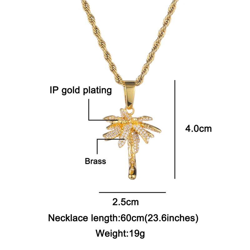 Hip Hop Palm Tree Bling Cubic Zirconia Stones Necklaces & Pendants For Men Women Rapper Jewelry