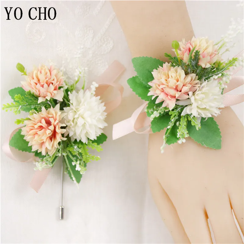 Silk Flower White Wedding Boutonnieres Groomsmen Flowers Women Corsage Bracelet Marriage Prom Party Bridesmaids Wristband Brooch