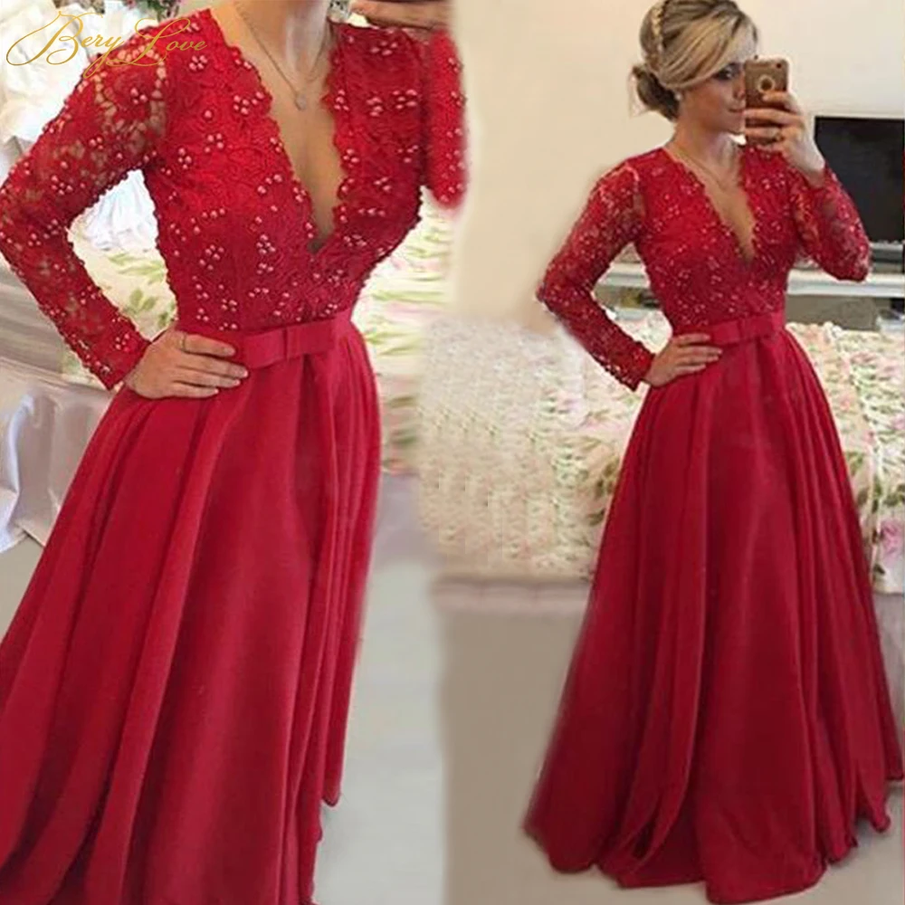 Gorgeous Lace V-Neck Long Sleeves A-Line Red Mom Evening Dress Beads Bow Belt Prom Dress Bridal Party Mother Of The Bride Dress