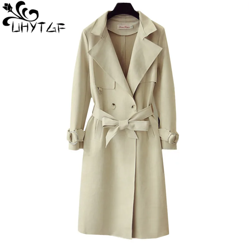 UHYTGF – trench-coat de luxe en peau de cerf pour femme, manteau long décontracté avec ceinture à Double boutonnage, slim, vêtements d'extérieur, tide, collection printemps-automne 544