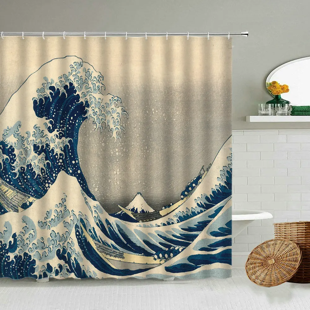 Ocean Wave Pattern Shower Curtain Kanagawa Prefecture Japan  Bathroom Waterproof Polyester Screen Home Decoration With Hook Set