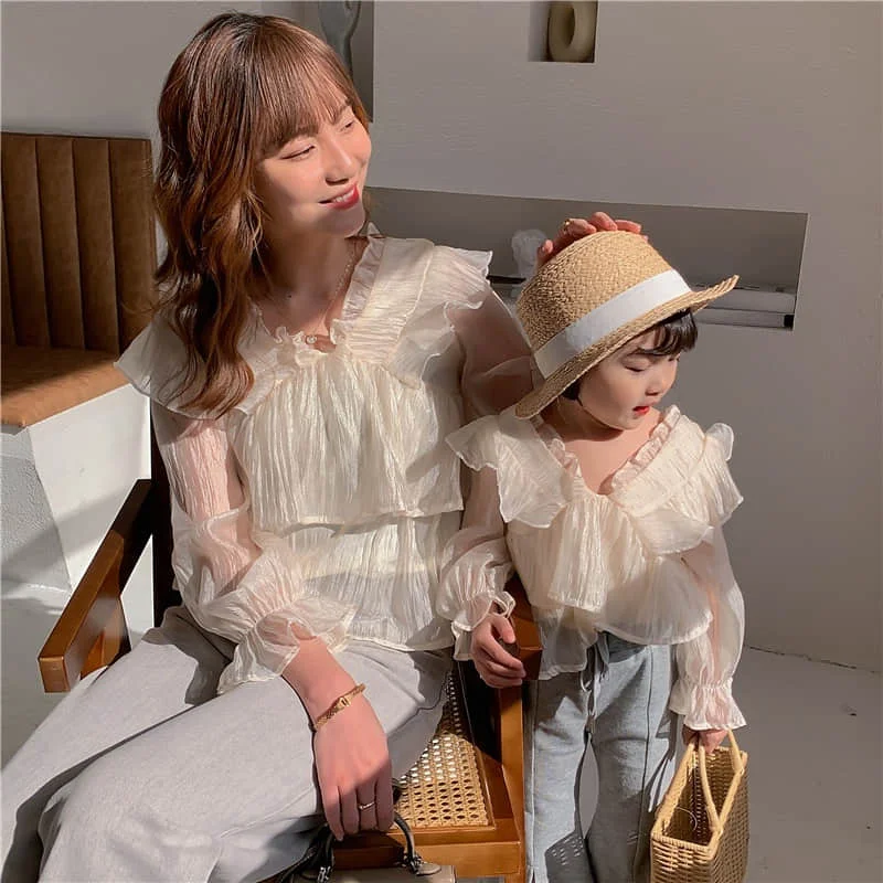 

Parent Child Clothing 2022 Spring And Summer Fashion Net Red Mother Women's Clothing Foreign Style Korean Chiffon Baby Shirt Lig