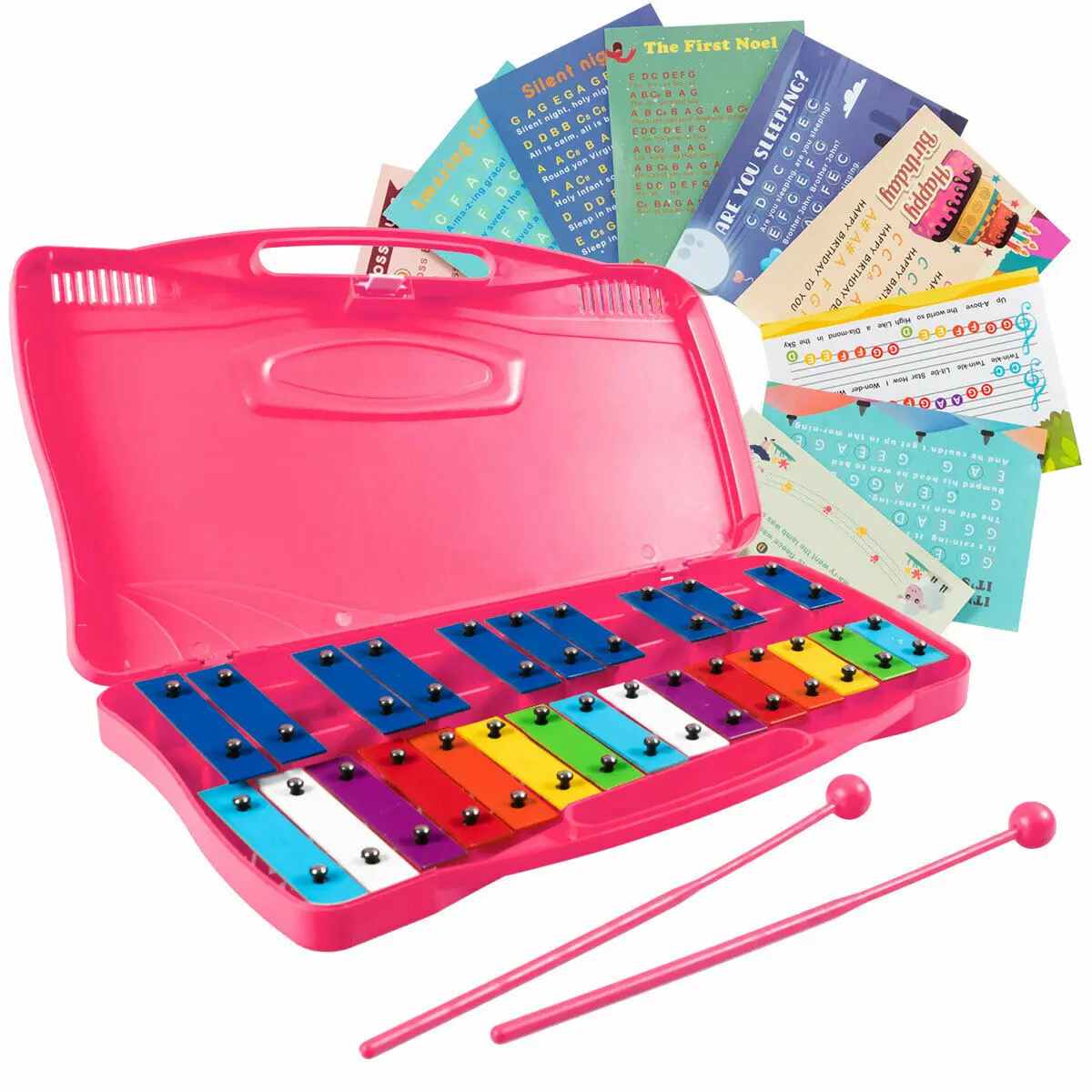 25 Notes Kids Glockenspiel Chromatic Metal Xylophone w/ Pink Case and 2 Mallets  MU10038