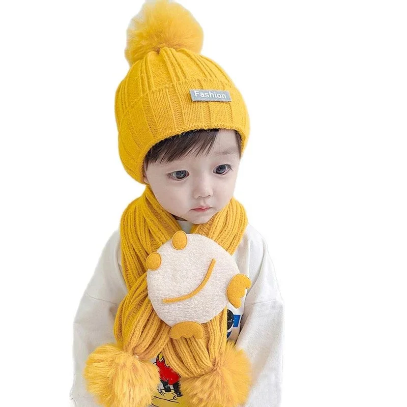 Doitbest Winter Boys Girls Warm Beanies Caps Scarf Hat Set 2021 Solid Acrylic Warm Baby Kids knit Hats Scarves sets