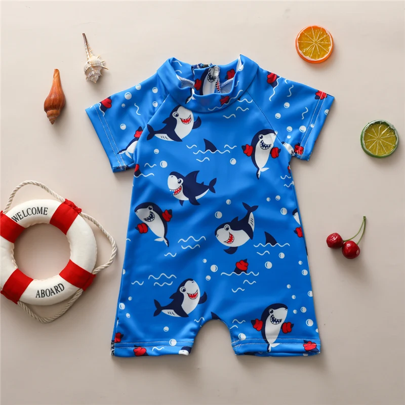 0-5 Years Baby Boy OnePiece Swimsuit Shark Pattern Swimwear Short Sleeve Zipper Bathing Beachwear