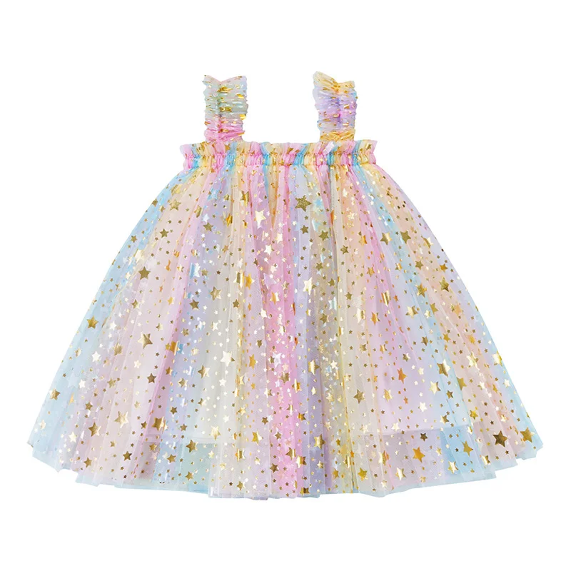 2022 Girls Sequin Dress Strap Sleeveless Decorative Stars Mesh Princess Dress for Your Little Girl Summer Clothes Sundresses