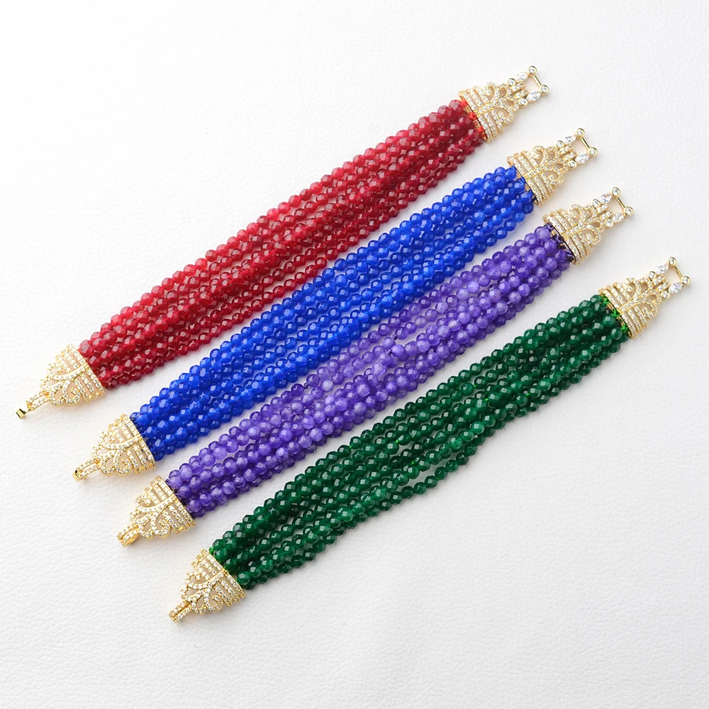 

8'' 7 Rows Green/Red/Purple/Blue Agate Gems Stone Bracelet Cz Clasp