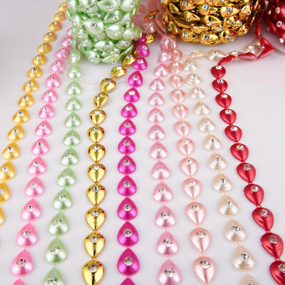 1Yards 12mm Width ABS Flatback Imitation Pearl Water Drop with 5mm Round Rhinestone Chain Sewing Trim Wedding Cake Decoration