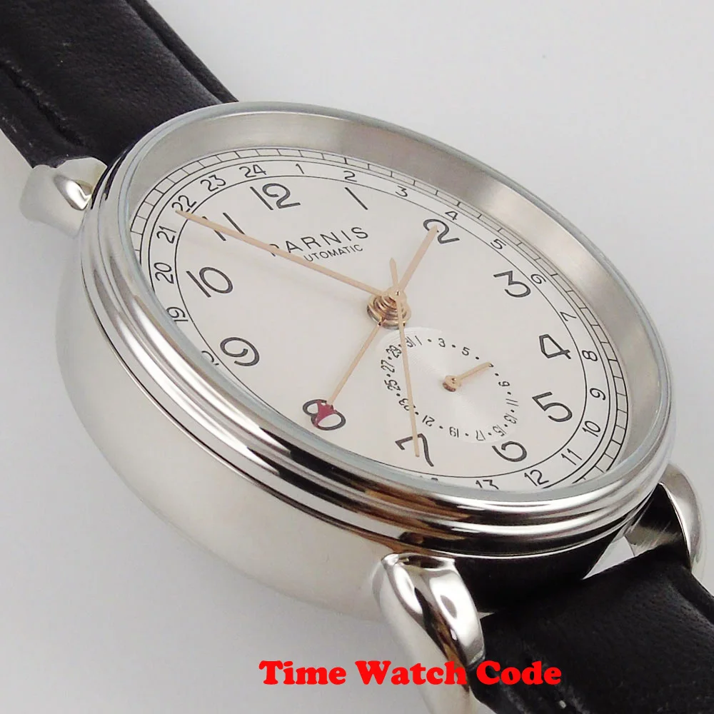 42mm PARNIS White dial black leather strap Date 24 hours ST movement GMT Automatic Men\'s Wristwatch