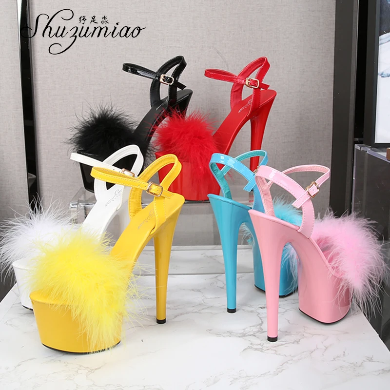 New Fur Sandals Stripers Heels Women Shoes 13 15 17 20 CM High Heels Platform Sexy Ladies Sandals Girls Shoes for Party Club