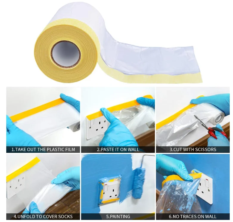 4 ROLL 20M Pre-Taped Masking Film Adhesive Painting Drop Automotive Applications Car Furniture Protection Floor Covering Cloth