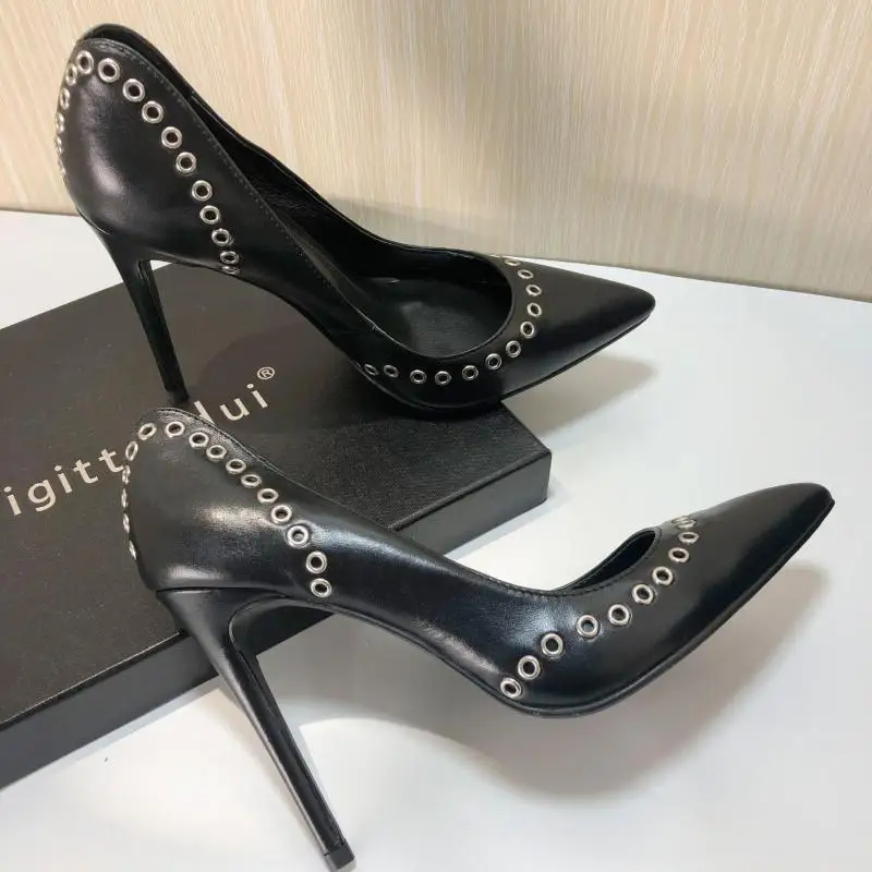 2021 New Brand Women Shoes Buttonhole Fashion Pointed High Heels Pumps Simple Black Sheepskin Leather Single Shoes Sandalias