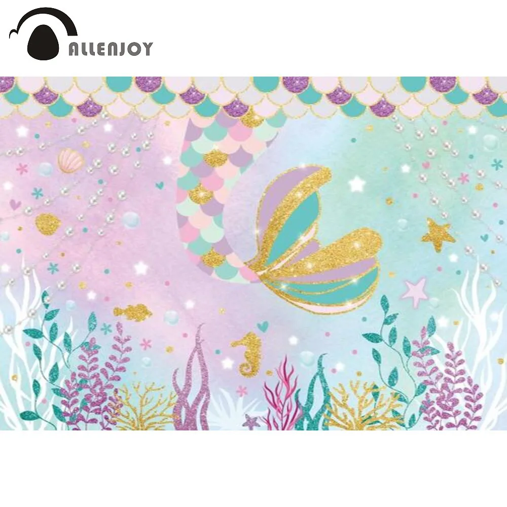 

Allenjoy Birthday Party Backdrop Mermaid Colorful Tail Deep Sea Cartoon Coral Watercolor Shower Decoration Background Photo Prop