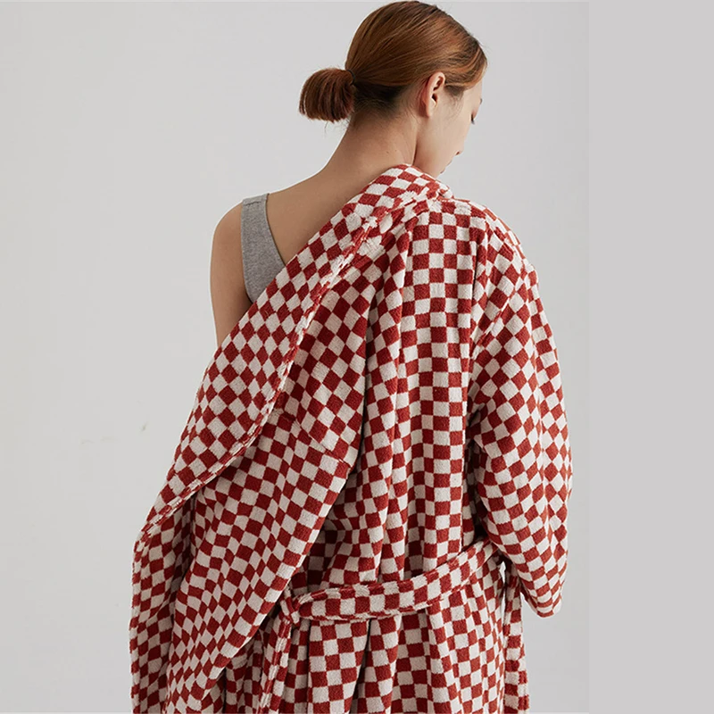 Luxurious Towels Plaid Retro Checkerboard Cotton Bathrobe Women Robe Soft Sleepwear Kimono Warm Bath Robes Coat Towel Homewear