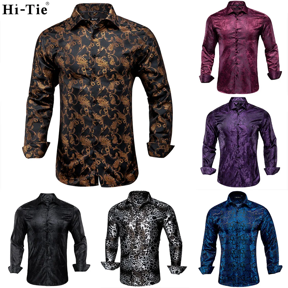 Hi-Tie Gold Black Mens Silk Shirt Paisley Floral Long Sleeve Casual Shirts For Men Jacquard Male Business Party Wedding Dress