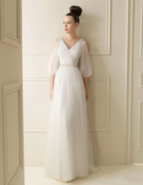 

free shipping maxi dress 2015 ivory handmade V-neck long sleeve elegant crystal beaded white long bridal gown Bridesmaid Dresses