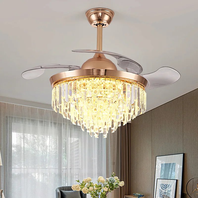 Crystal ceiling fan light dining room fan light living room light luxury postmodern stealth fan chandelier ceiling fan light