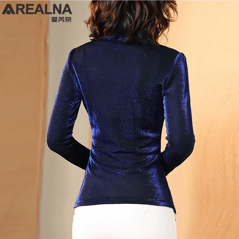 Royal Blue Black Deep V-neck Shiny Blouse Women Fashion Long Sleeve Slim Glitter Office Shirt Beaded Ladies Tops Blusas mujer