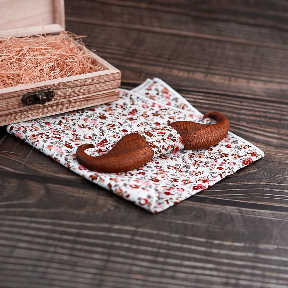 Mahoosive-pajarita de madera con diseño de bigote 3D para hombre, conjunto de pajarita cuadrada de bolsillo con patrón de flores Foral, regalo