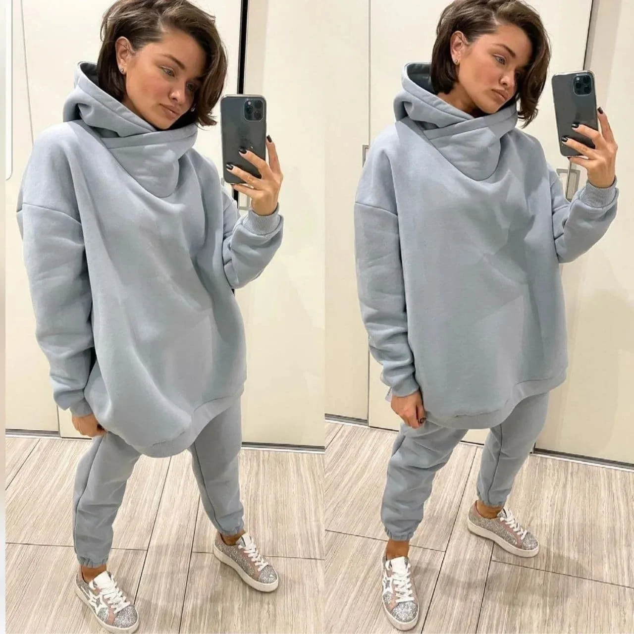 Autumn Winter Warm Tracksuit Women Two Piece Set Oversize Hoodie Sweatshirt And Jogger Pants Sportswear Outfit Fleece-lined Suit