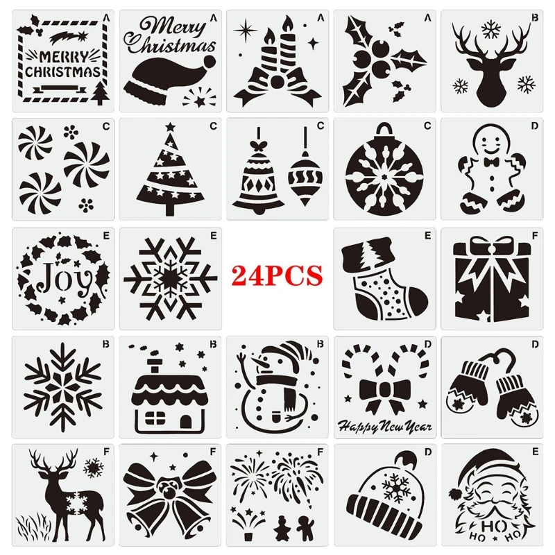 24pcs Small Christmas Drawing Templates Set Resuable DIY Graffiti Stencil 3 x 3 for Home Classroom Wall Door Decorations