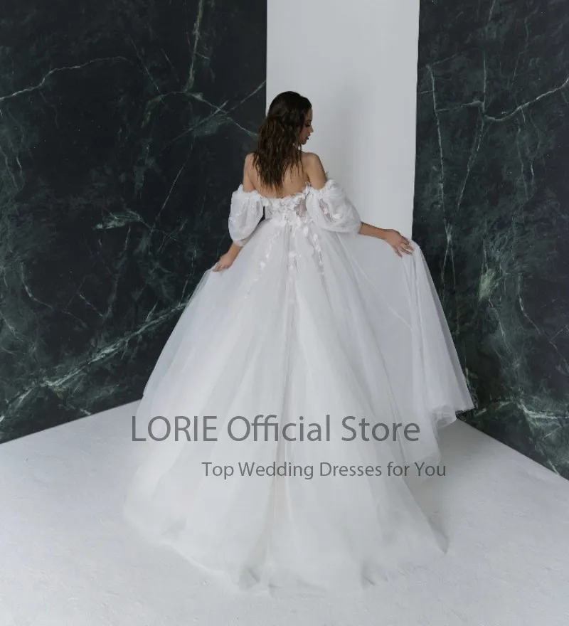 LORIE Princess Wedding Dresses Off the Shoulder 3D Flowers Puffy Sleeves Boho Wedding Gown Side Split White Ivory Bride Dress