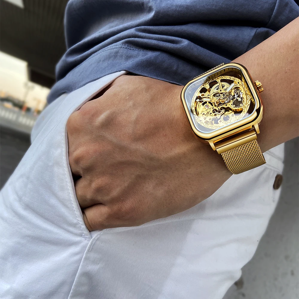 Forsining Golden Men Automatic Watch Square Skeleton Mesh Steel Band Mechanical Business Clock Relogio Masculino Erkek Kol Saati