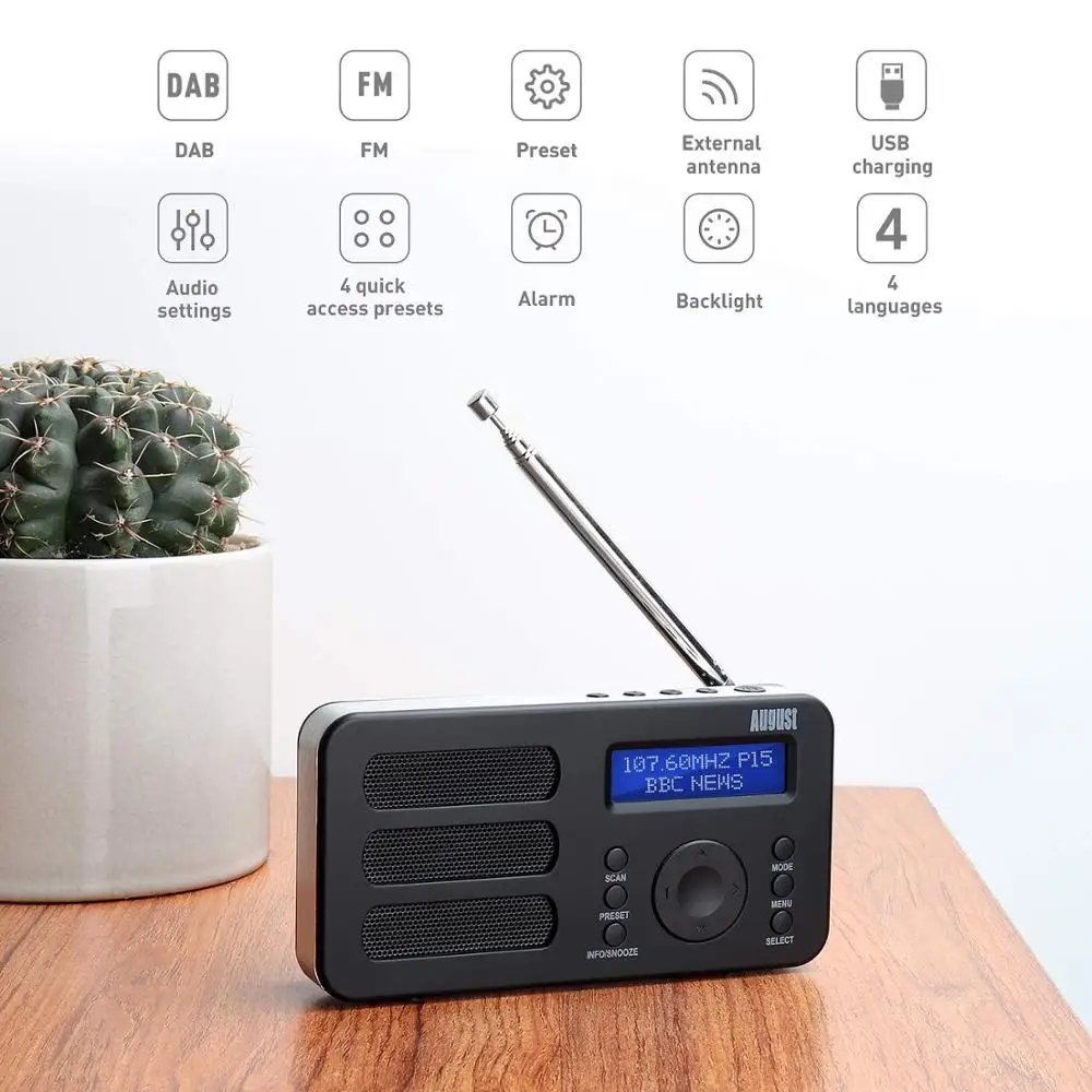 Portable Digital Radio August MB225  DAB/DAB +/FM RDS Function Dual Alarm Stereo/Mono Speaker Rechargeable Battery with LCD