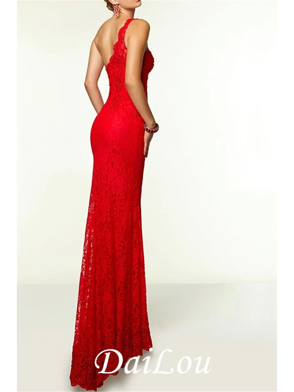 Sheath / Column Open Back Prom Formal Evening Valentine's Day Dress One Shoulder Sleeveless Floor Length Lace with Split Front