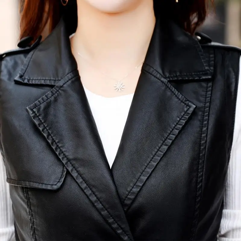 2023 Spring Autumn New Women Leather Vest Mid-length Women Clothing Slim Wild Sleeveless Leather Coat Female Jackets