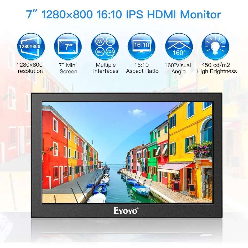 Eyoyo 7 inch Portable 1280x800 IPS LCD Screen Display CCTV Monitor Portable Security Surveillance HD Input Raspberry Pi Monitor