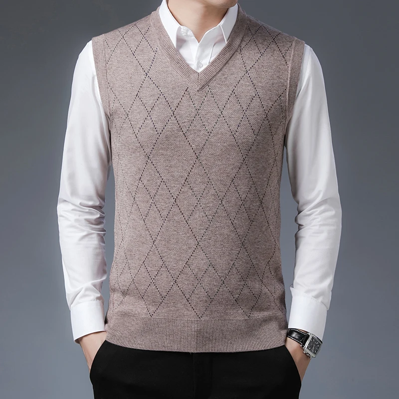 

Man Thick Cashmere Sweater Casual Plaid Sleeveless Jumper Male V-Neck Warm Wool Vest Knit Clothing Pullovers