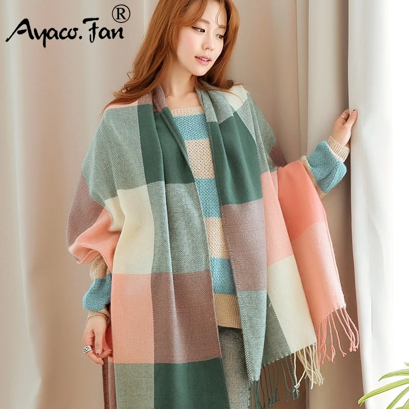 Women Cashmere Scarves 2019 Autumn Winter New Female Wool Plaid Scarf Lady Wide Lattices Long Shawl Wrap Blanket Warm Tippet