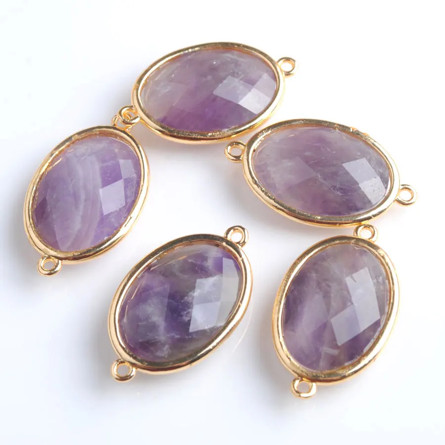 10pcs Shiny Oval Faceted Natural Amethysts Stone Beads Two Hole Connector for Female Homme Jewelry Making Z9066