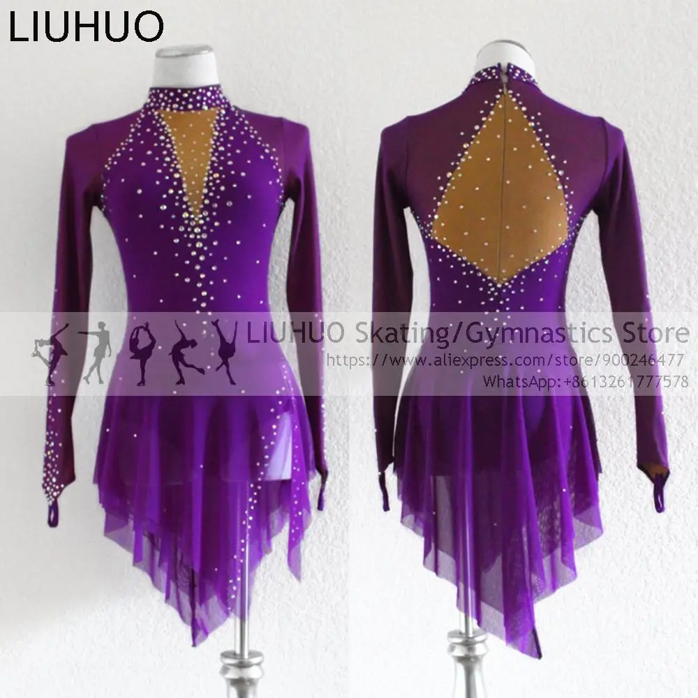 Figure Skating Dress Girls Women Competition Costumes Purple Ballroom Children Long Sleeves Performance Wear Rhythmic Leotard