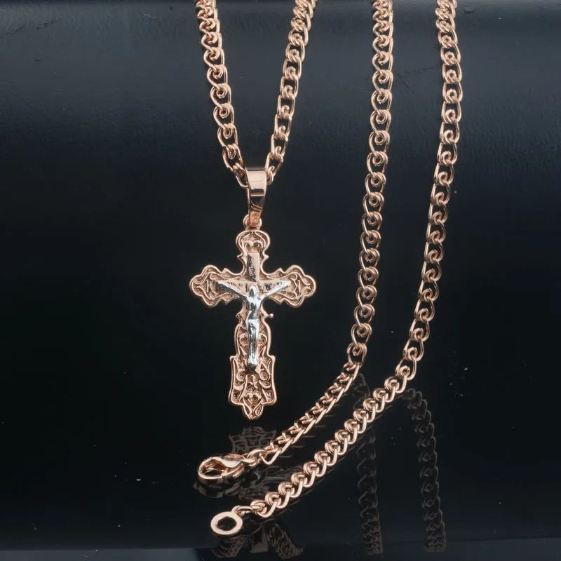 FJ Pendant 585 Rose Mixed White Gold Color Cross Figure Men Women Jewelry